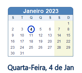 4 Janeiro 2023 calendario