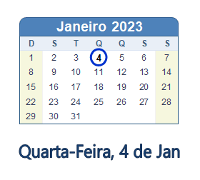 4 Janeiro 2023 calendario