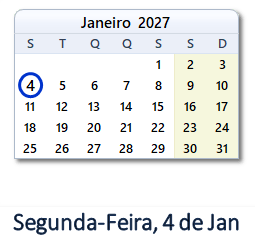 4 Janeiro 2027 calendario