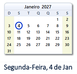 4 Janeiro 2027 calendario