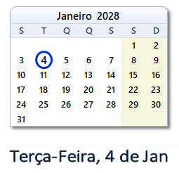 4 Janeiro 2028 calendario