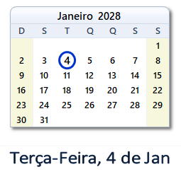 4 Janeiro 2028 calendario