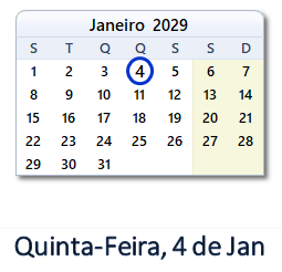 4 Janeiro 2029 calendario