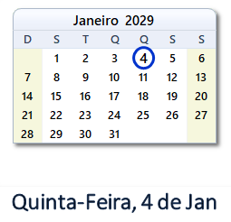 4 Janeiro 2029 calendario
