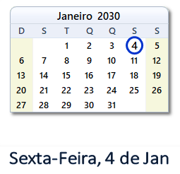 4 Janeiro 2030 calendario
