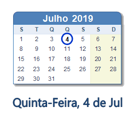 4 Julho 2019 calendario
