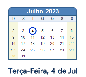 4 Julho 2023 calendario