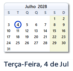 4 Julho 2028 calendario