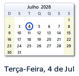 4 Julho 2028 calendario