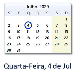 4 Julho 2029 calendario