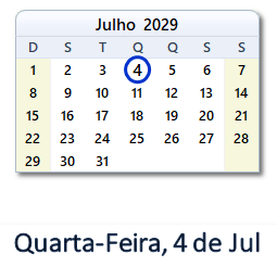 4 Julho 2029 calendario