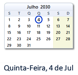 4 Julho 2030 calendario