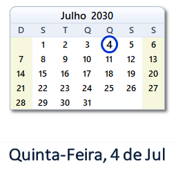 4 Julho 2030 calendario
