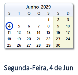 4 Junho 2029 calendario