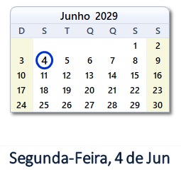 4 Junho 2029 calendario