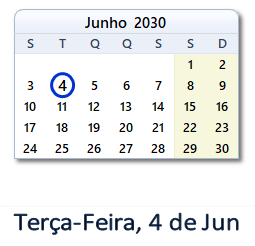 4 Junho 2030 calendario
