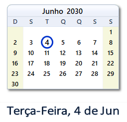 4 Junho 2030 calendario