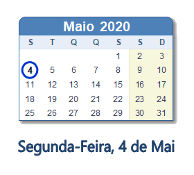 4 Maio 2020 calendario