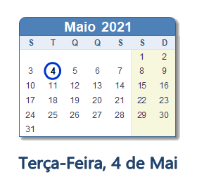 4 Maio 2021 calendario