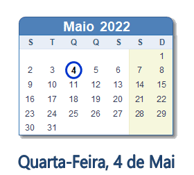 4 Maio 2022 calendario