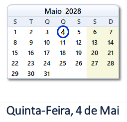 4 Maio 2028 calendario