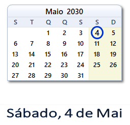 4 Maio 2030 calendario