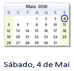 4 Maio 2030 calendario
