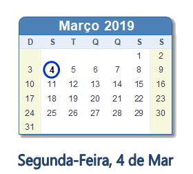 4 Março 2019 calendario