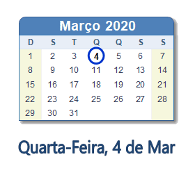 4 Março 2020 calendario