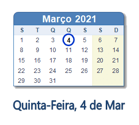 4 Março 2021 calendario