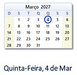 4 Março 2027 calendario