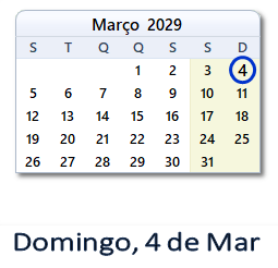 4 Março 2029 calendario