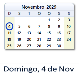 4 Novembro 2029 calendario