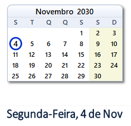 4 Novembro 2030 calendario