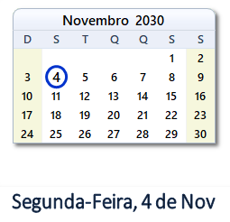 4 Novembro 2030 calendario