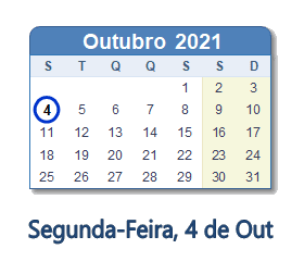 4 Outubro 2021 calendario