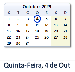 4 Outubro 2029 calendario