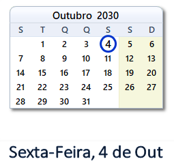 4 Outubro 2030 calendario