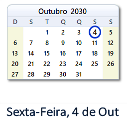 4 Outubro 2030 calendario