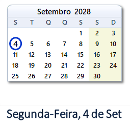 4 Setembro 2028 calendario