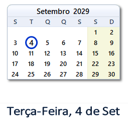 4 Setembro 2029 calendario