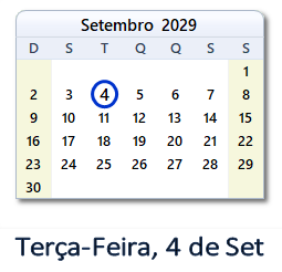 4 Setembro 2029 calendario