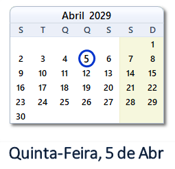 5 Abril 2029 calendario