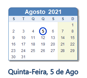 5 Agosto 2021 calendario