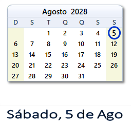 5 Agosto 2028 calendario