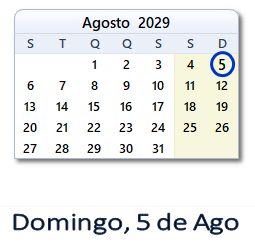 5 Agosto 2029 calendario