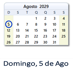 5 Agosto 2029 calendario