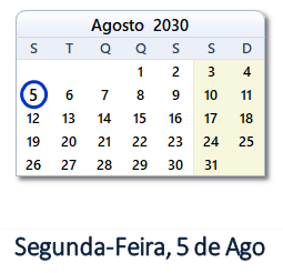5 Agosto 2030 calendario