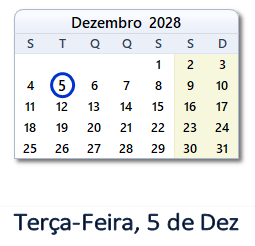 5 Dezembro 2028 calendario
