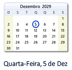 5 Dezembro 2029 calendario